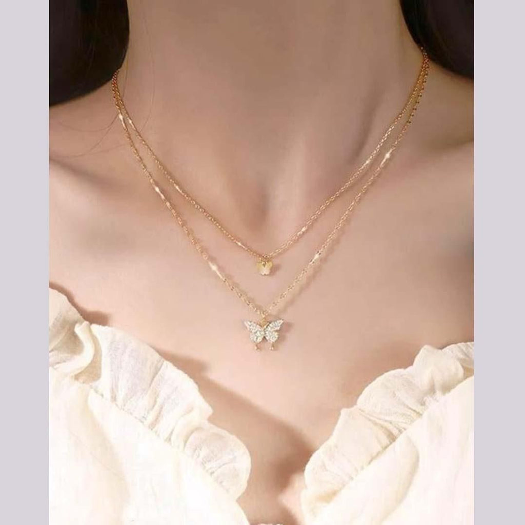 Double Layer Clavicle Chain Necklace Jewelry Zircon Butterfly Pendant Necklace (Gold)